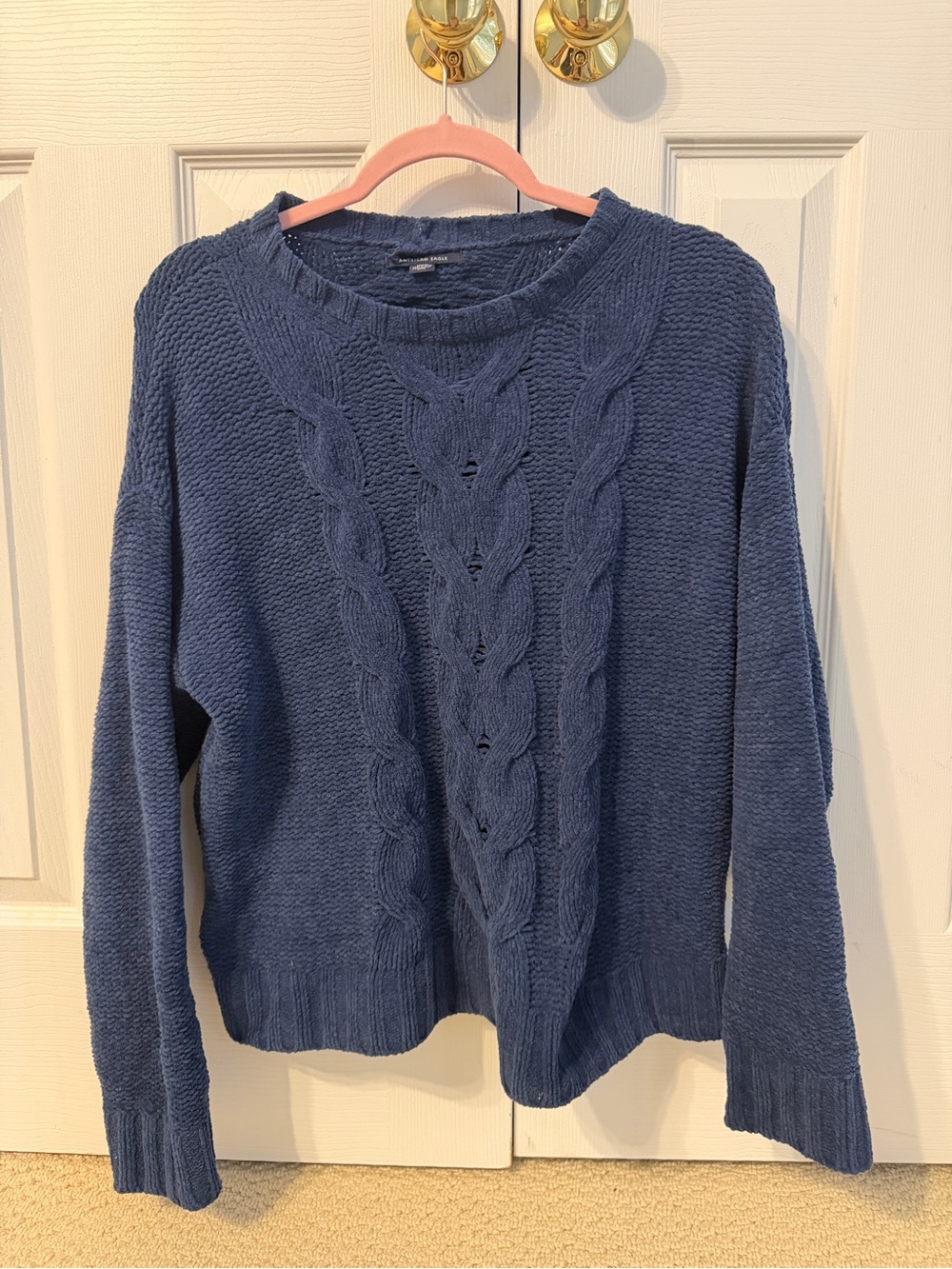 American Eagle Outfitters Blue Cable Knit Crewneck Sweater